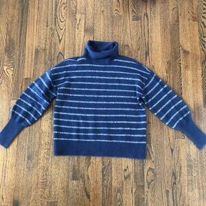 LOFT Women’s M Navy Blue & Silver Striped Turtleneck Sweater w/Puffed Sleeves